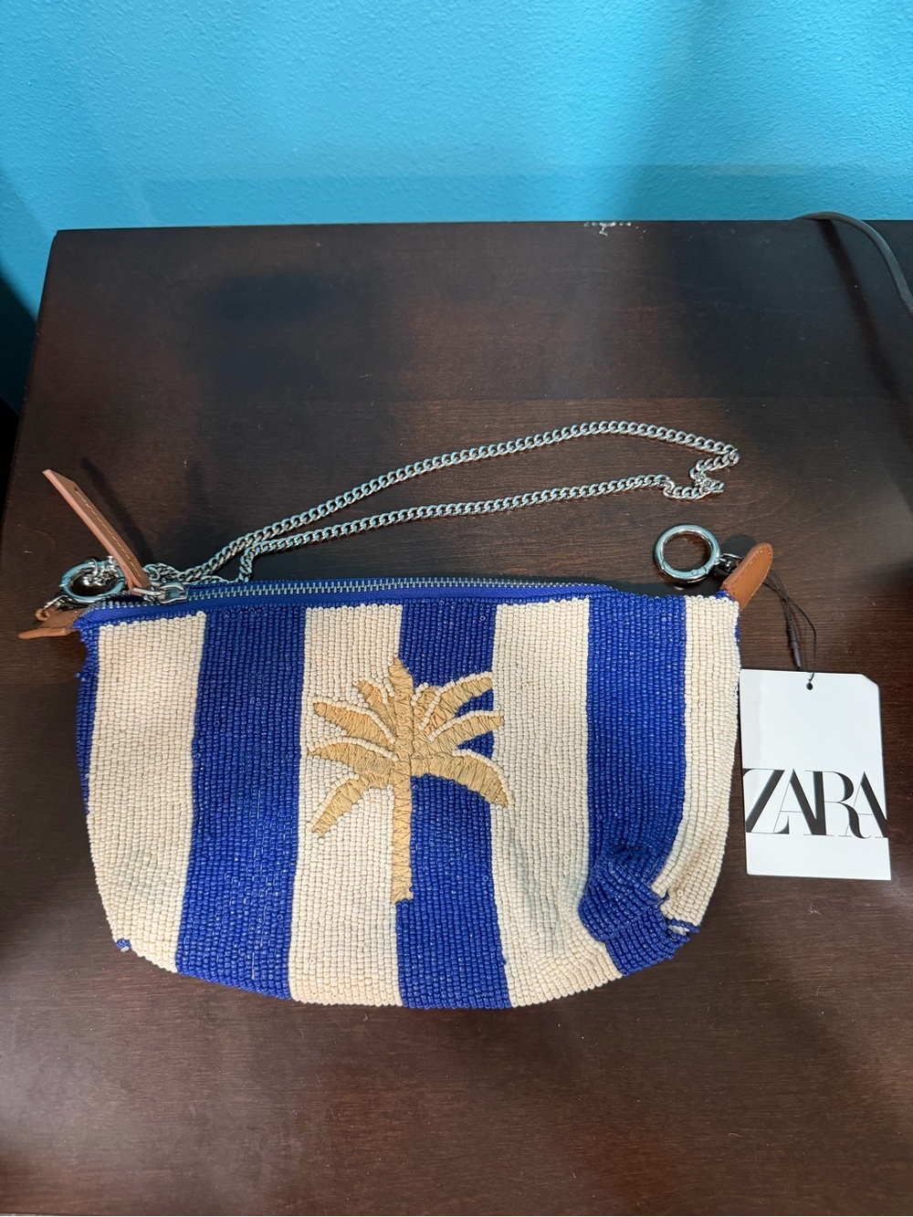 Zara Blue & Cream Striped Beaded Crossbody with Palm Embroidery